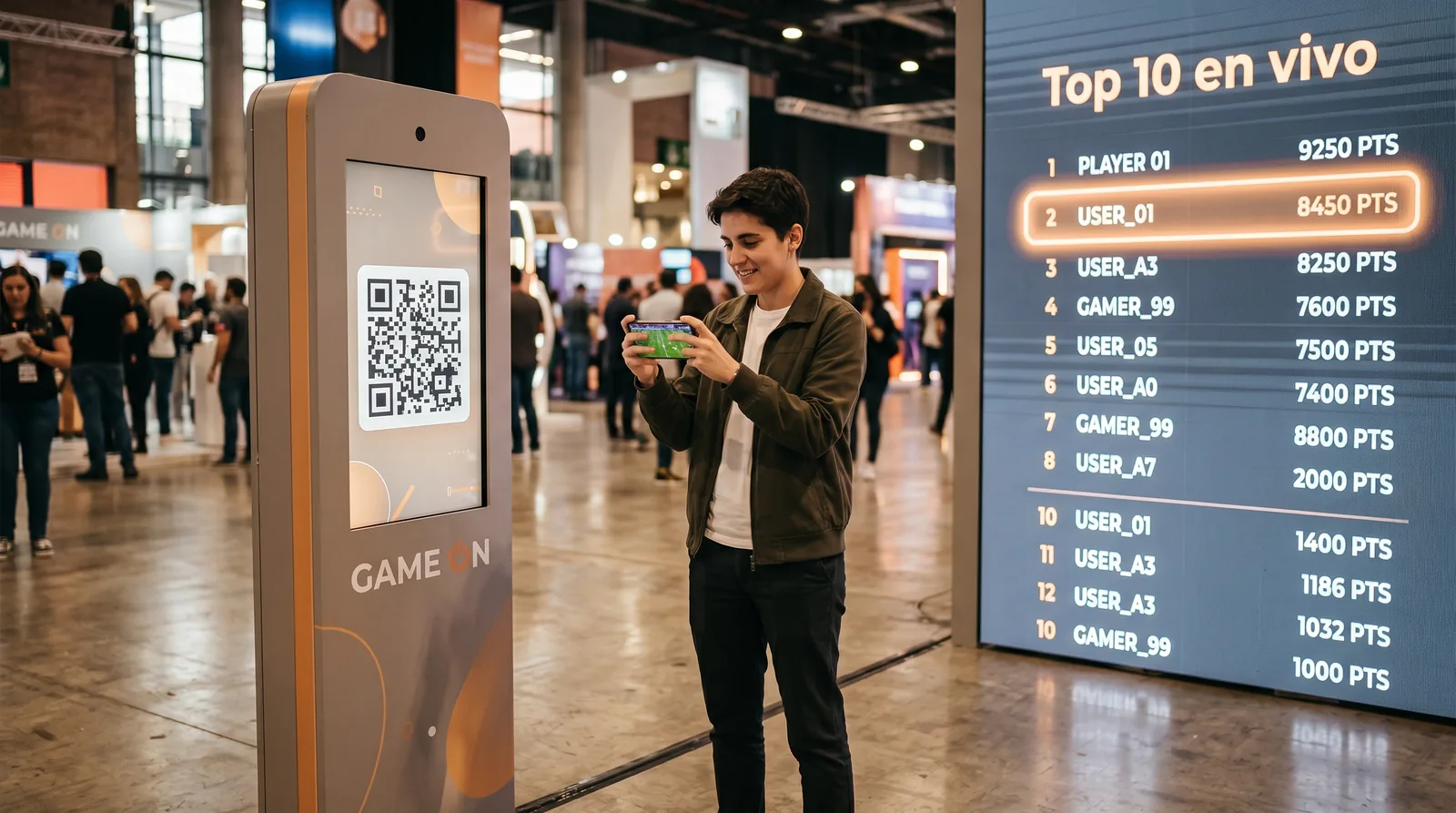 Activación física con QR y pantalla mostrando leaderboard en vivo