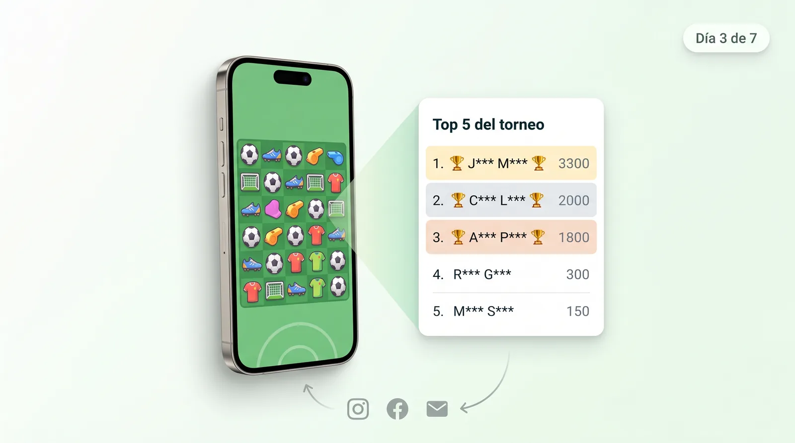 Smartphone con juego de fútbol y leaderboard del torneo online
