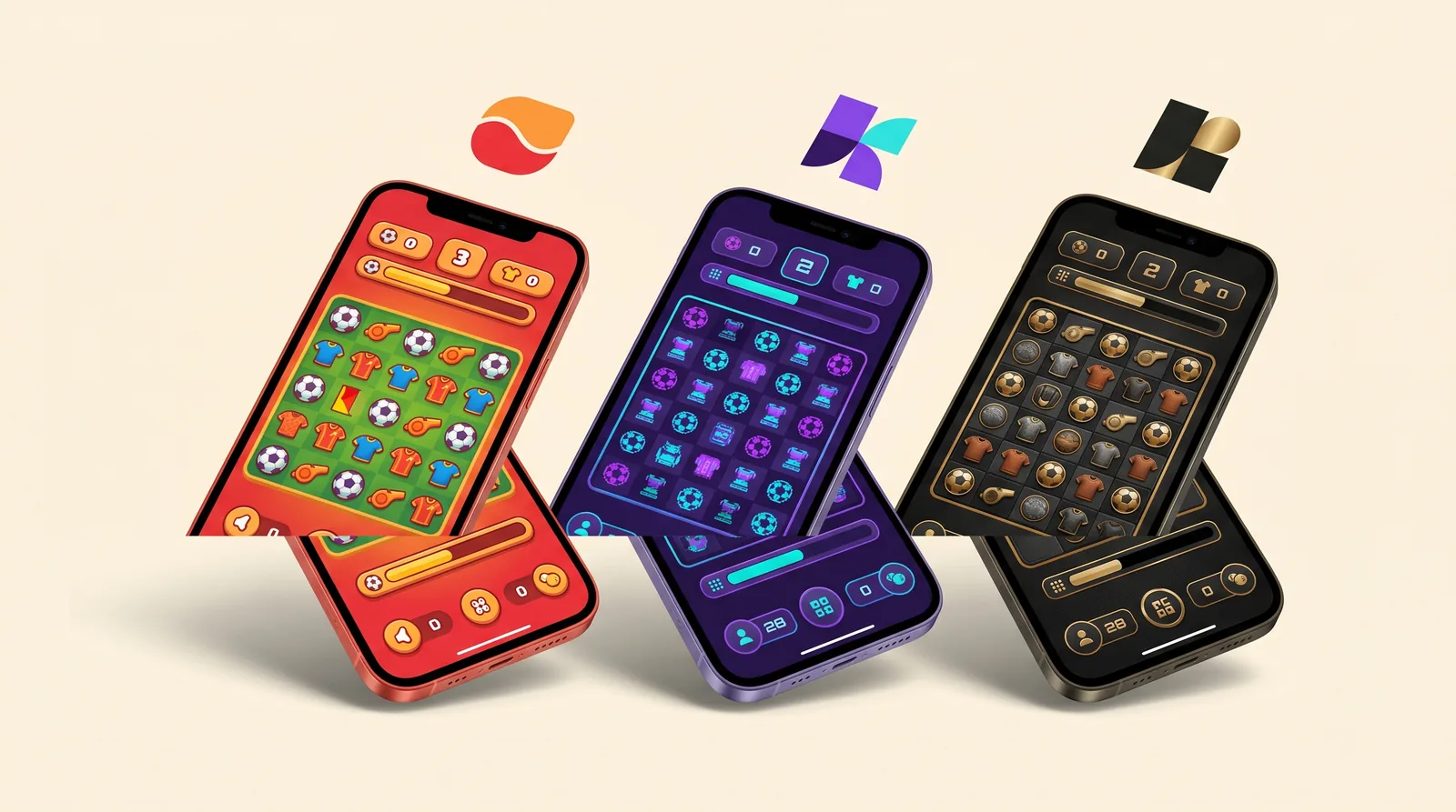 Tres smartphones mostrando el mismo juego con branding distinto para tres marcas